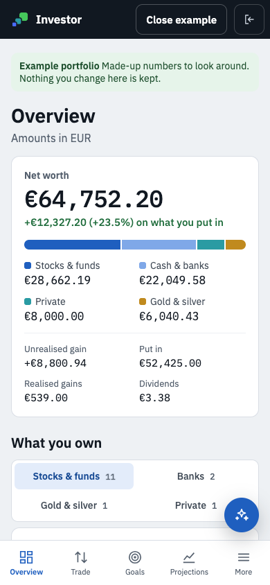 The example portfolio on a phone: net worth, figures and holdings, with tabs at the bottom.