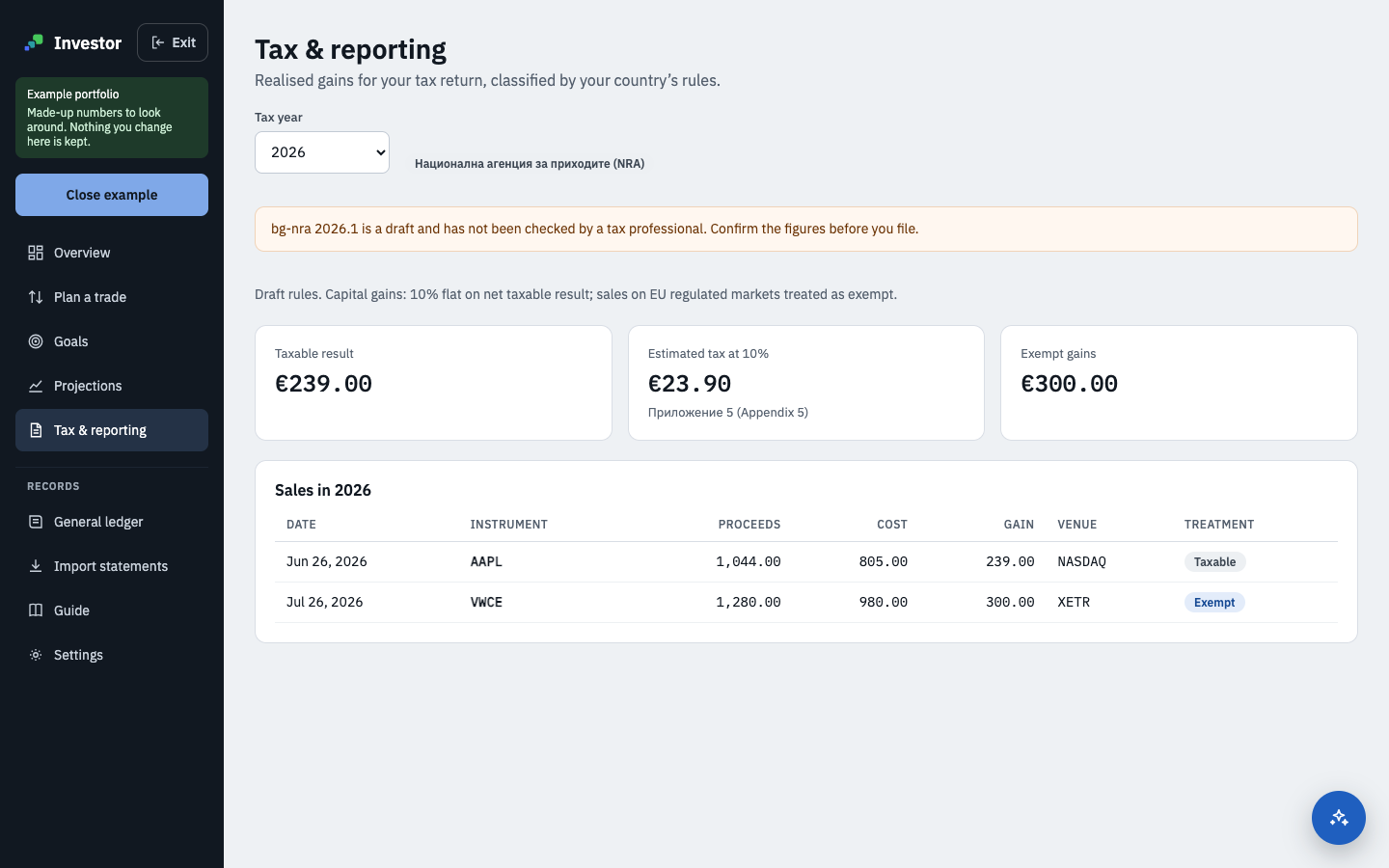 Tax and reporting for the example: one taxable sale in the US and one exempt sale on an EU market.